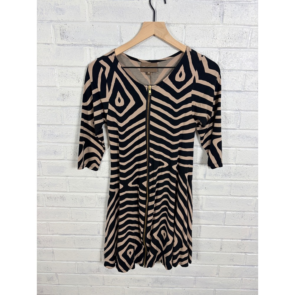 Bel Kazan Fit Flare Dress Womens M Zip Front Stripe 3/4 Sleeve Stretch